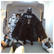 This is Darth Vader, right hand of the Emperor. His face is obscured by his flowing black robes and grotesque breath mask, which stands out next to the fascist white armored suits of the Imperial Troopers. He reviews the work of his men and continues into the conquered ship. #starwars #anhwt #starwarstoycrew #jbscrew #blackdeathcrew #starwarstoypix #toyshelf
